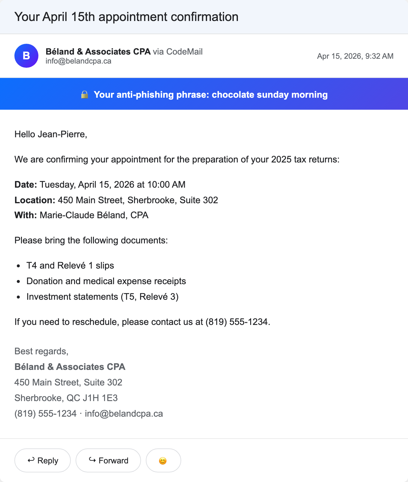 Example of an email protected by CodeMail with the secret phrase visible at the top
